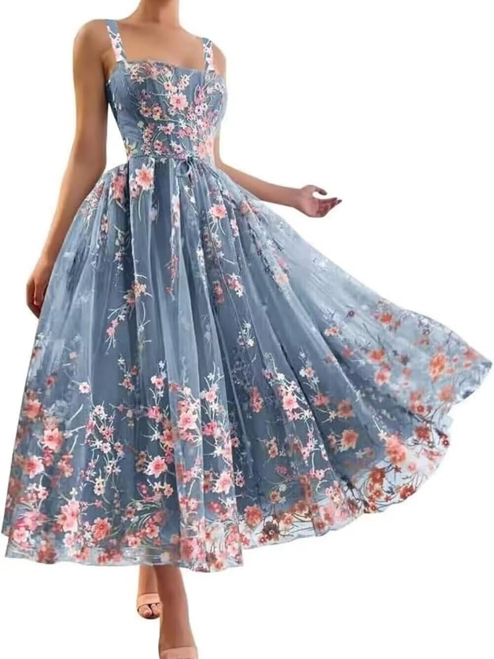 Floral Embroidered Blue Midi Dress with corset style top